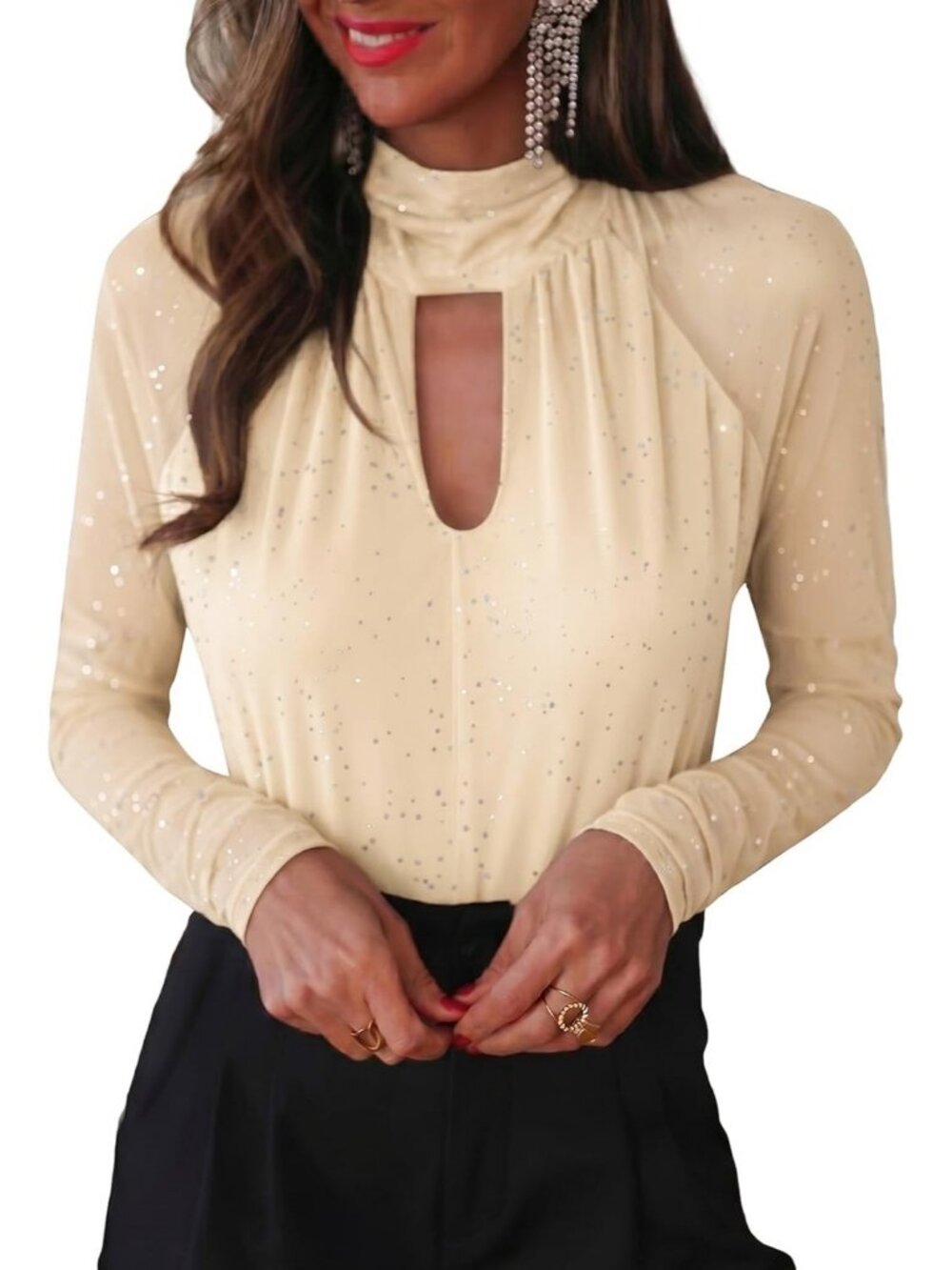 Women's Beige Sheer Mesh Sparkly Glitter Mock Neck Cutout Long Sleeve Top